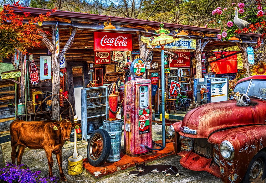 On the Back Roads in the Country, calf, digital, shop, art, wheel, autumn, flowers, gas station, leaves HD wallpaper