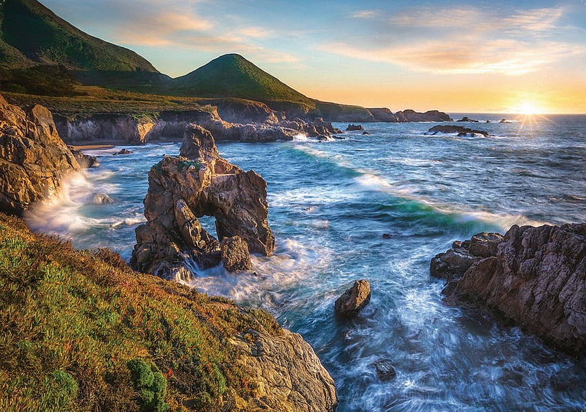 Big Sur, California, waves, coast, rocks, sunset, ocean HD wallpaper