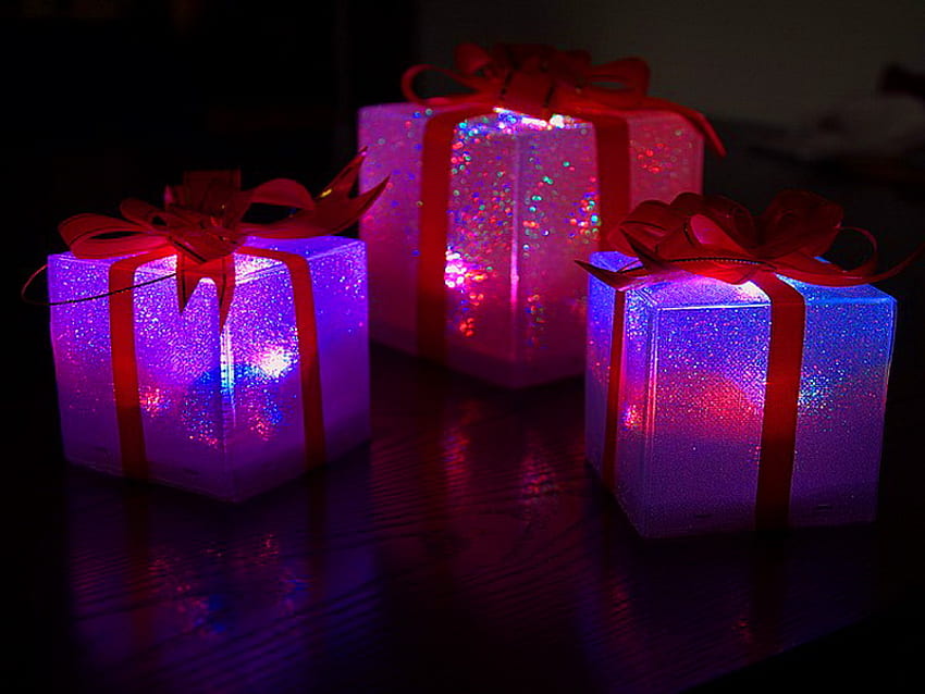 Gifts aglo, glowing, lights, christmas, decorations, gifts, bows HD wallpaper