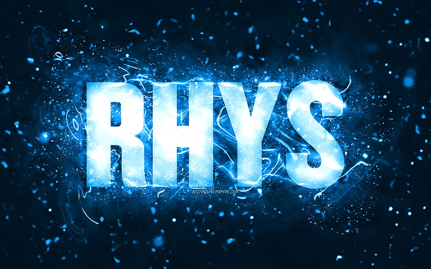 Happy Birtay Rhys, luces de neón azules, nombre de Rhys, creativo, Rhys Happy Birtay, Rhys Birtay, nombres masculinos estadounidenses populares, con el nombre de Rhys, Rhys fondo de pantalla