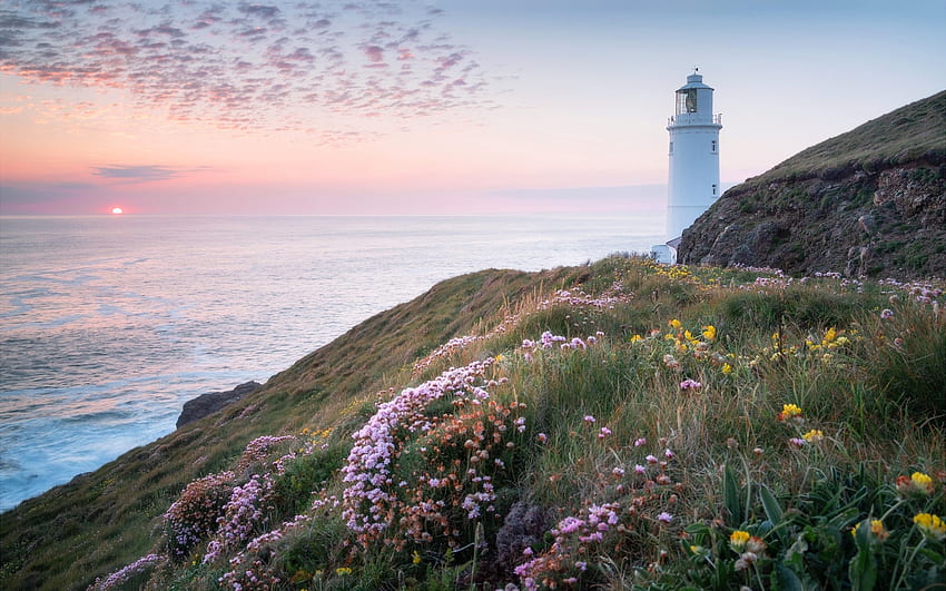 Faro en Inglaterra, mar, Inglaterra, faro, costa, prado, puesta del sol fondo de pantalla