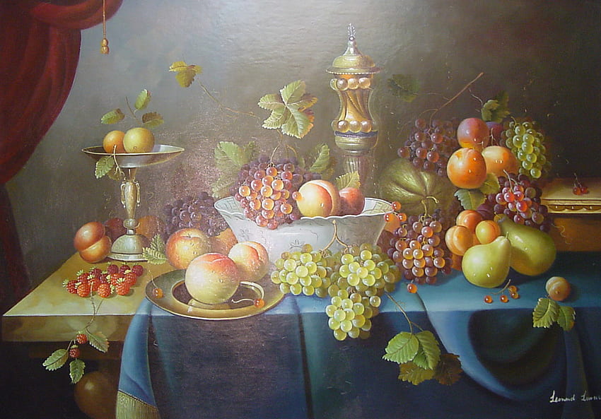A Fruitful Harvest, table, gobblets, carafe, mixture, fruits, runner, curtain, leaves, vines, autumn, bowls HD wallpaper