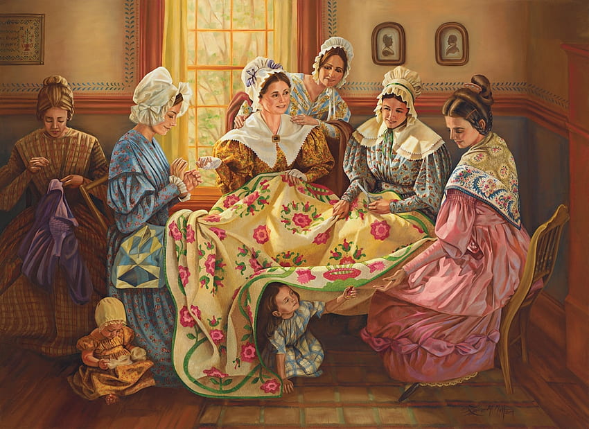 Ladie's Quilting Day, artwork, table, painting, women, sewing HD wallpaper