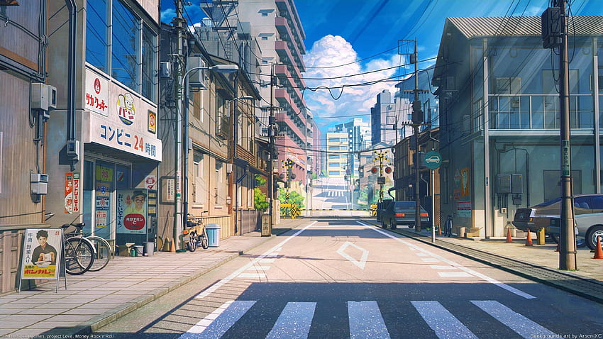 Anime Street Scenic Buildings Bicycle Cars Road Nuvole, Anime City Scenery Sfondo HD