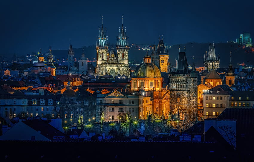 construção, casa, Praga, República Tcheca, torre, cidade noturna, Praga, República Tcheca para , seção город, Noite de Praga papel de parede HD