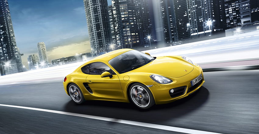 Porsche Cayman S, city, car, exotic, speed, , cayman, 2013, yellow, cool, , road, porsche HD wallpaper