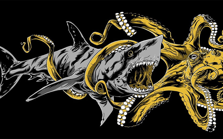Octopus and shark battle, art drawing HD wallpaper