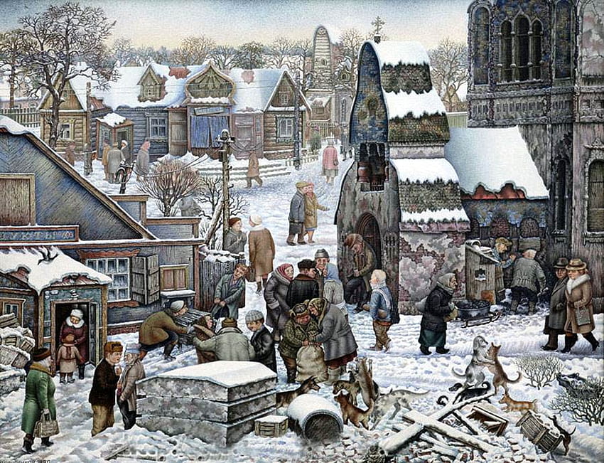 ジュリアス・ヴェデルニコフ。 犬の結婚式、冬、犬、絵画、アート、ジュリアス・ヴェデルニコフ 高画質の壁紙