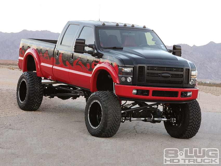 2001 Ford F-350, lifted, black, truck, red HD wallpaper