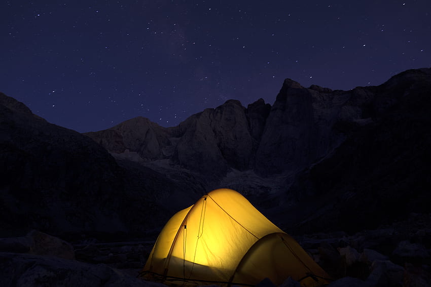 Montanhas, Noite, Escuro, Barraca, Camping papel de parede HD