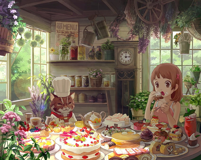 Mr. Cats Treat!!, restaurant, girl, sweets, cake HD wallpaper