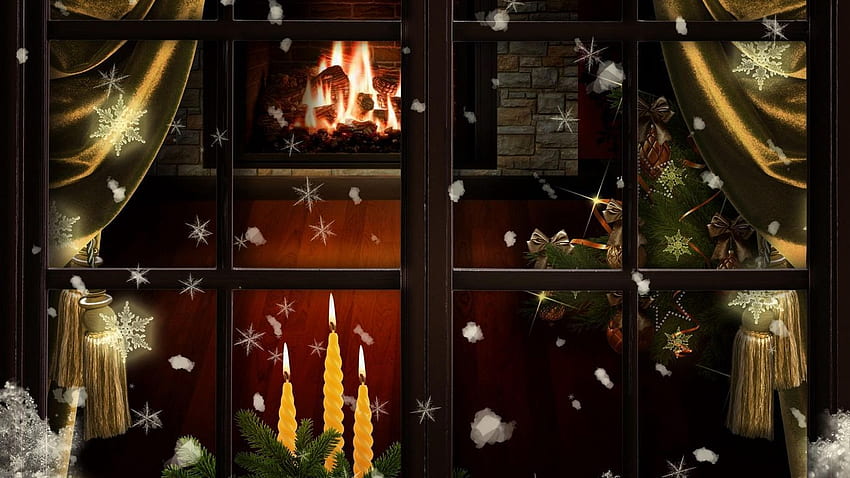window, fireplace, candles, christmas tree, cozy, christmas tablet, laptop background HD wallpaper