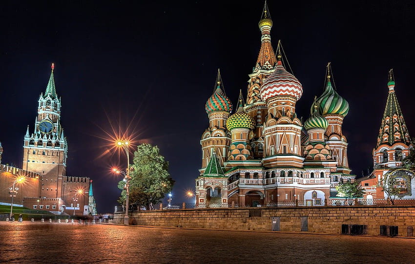 night, Moscow, The Kremlin, St. Basil's Cathedral, Russia, Red square for , section город HD wallpaper