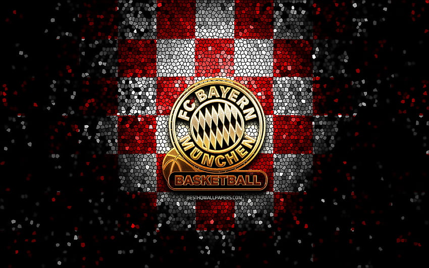 FC Bayern Münih Basketbol, ​​parıltılı logo, BBL, kırmızı beyaz damalı arka plan, basketbol, ​​Alman basketbol kulübü, FC Bayern Münih Basketbol logosu, mozaik sanatı, Basketbol Bundesliga HD duvar kağıdı