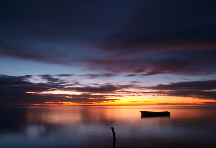 ธรรมชาติ พระอาทิตย์ตก ท้องฟ้า ทะเล ตอนเย็น เรือ สงบ วอลล์เปเปอร์ HD