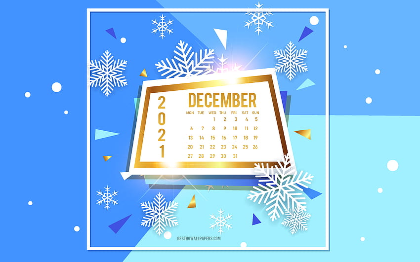 Kalendarz grudzień 2021, niebieskie zimowe tło, kalendarze zimowe, Kalendarz grudzień 2021, złota ramka, grudzień, koncepcje 2021 Tapeta HD