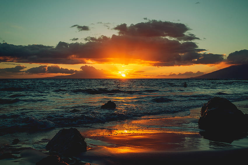 Alam, Matahari Terbenam, Cakrawala, Pantai, Tepian, Lautan, Selancar Wallpaper HD