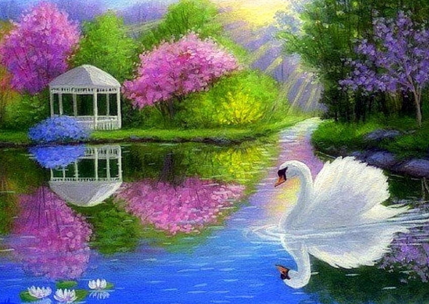 Spring Swan, belvédère, jardin, peintures, printemps, amour quatre saisons, lacs, cygnes, animaux, dessiner et peindre, fleurs Fond d'écran HD