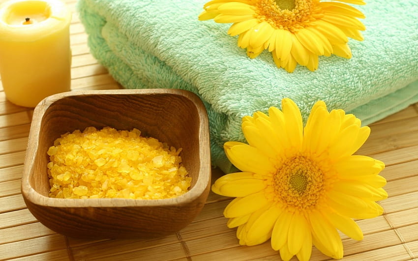 Tender Spirits, mint, towel, bath, yellow, bright, salt, daisies HD wallpaper