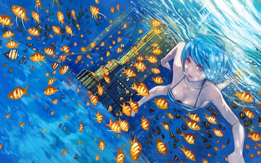 The City Under The Sea, swimming, swimsuit, anime, city, underwater, fish,  blue hair, girl HD wallpaper | Pxfuel