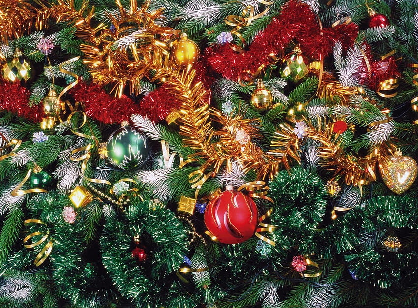 Feiertage, Neujahr, Urlaub, Weihnachtsschmuck, Weihnachtsbaumspielzeug, Weihnachtsbaum, Lametta, Stimmung HD-Hintergrundbild