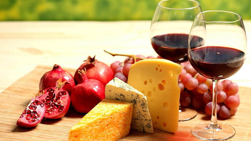 Breakfast, graphy, grapes, glass of wine, beautiful, cheese, pomegranate, abstract, glass, wine HD wallpaper