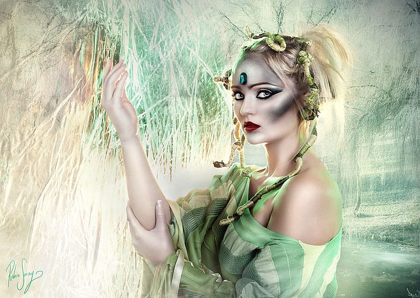GREEN FANTASY WOMAN, fantasia, arte, verde, arte digital, mulher, beleza papel de parede HD