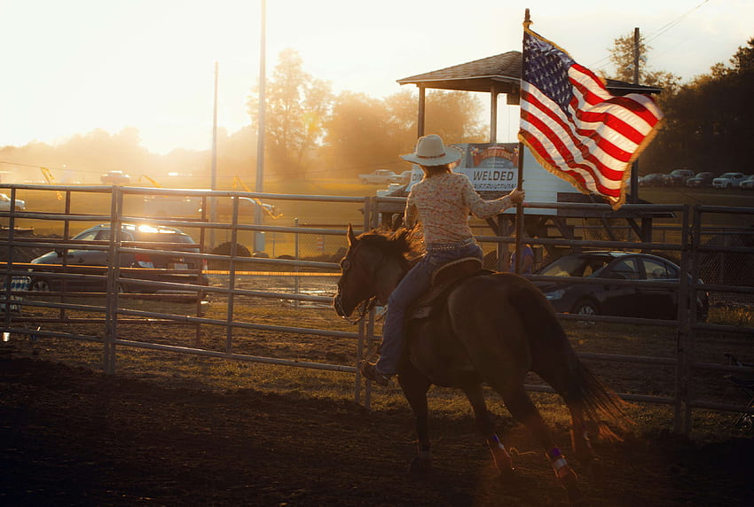 american flag, country, cowgirl, equine, horse, horse, Horse Sunset HD wallpaper