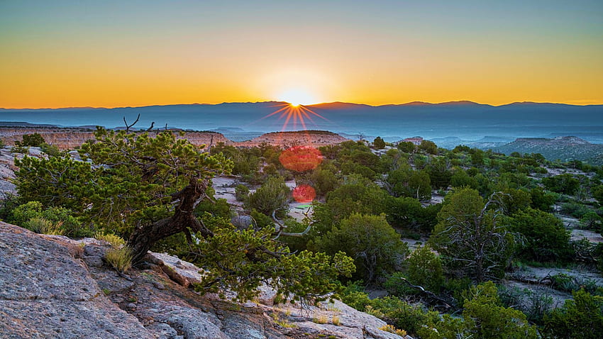 Sunrise over the Rio Grande Valley, Otowi Mesa Los Alamos New Mexico, morning, trees, landscape, colors, sky, rocks, sun, usa HD wallpaper