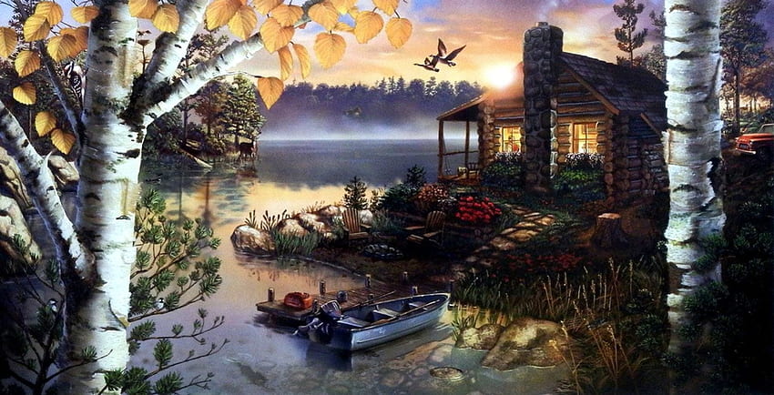 Sonbahar İhtişam, sis, sanat eseri, tekne, , ağaçlar, renkler, yazlık, göl HD duvar kağıdı