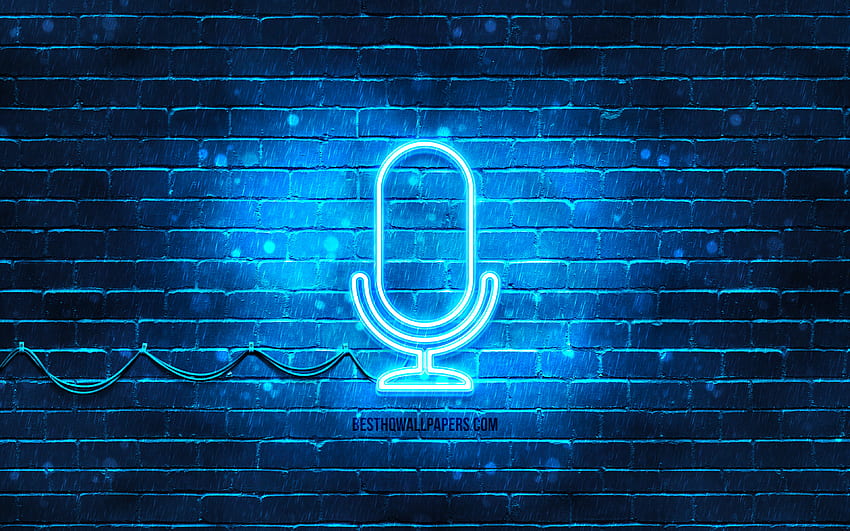 Studio microphone neon icon, , blue background, neon symbols, Studio microphone, creative, neon icons, Studio microphone sign, music signs, Studio microphone icon, music icons for with resolution . High HD wallpaper