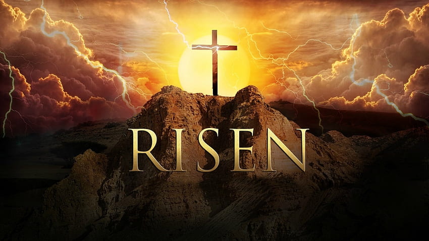 Risen, Easter, cross, Jesus, mountain, lightning, holiday, clouds, sun HD wallpaper