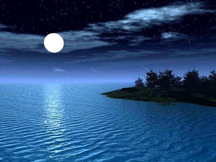 満月、夜、青、月、雲、海 高画質の壁紙