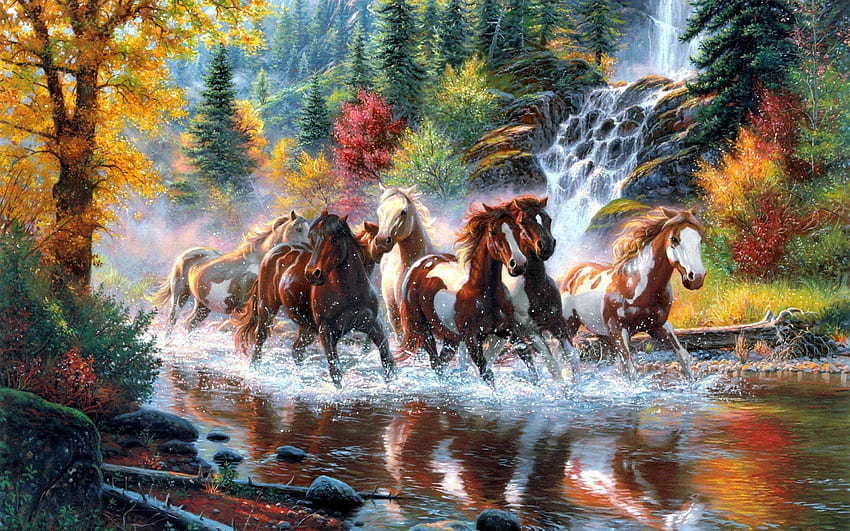 Artwork, Wester, American, Native, Woods, Tree, Waterfall, Indian Painting HD wallpaper