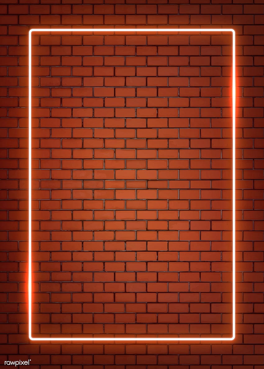 Rechteckiger orangefarbener Neonrahmen auf einem orangefarbenen Backsteinmauervektor. Prämie / Manot. Orangefarbener Backstein, dunkler Hintergrund, iPhone-Neon HD-Handy-Hintergrundbild