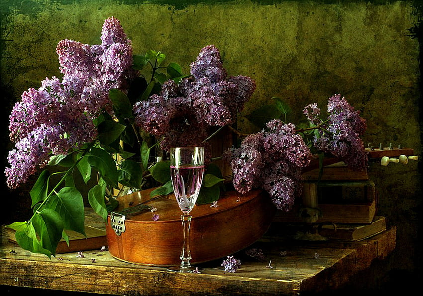 Lilac Rhapsody, buku, benda mati, meja, gelas anggur, lilin, lilac, biola, anggur Wallpaper HD
