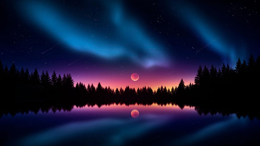 Coloré, nuit, étoiles, silhouette, lac, reflets Fond d'écran HD