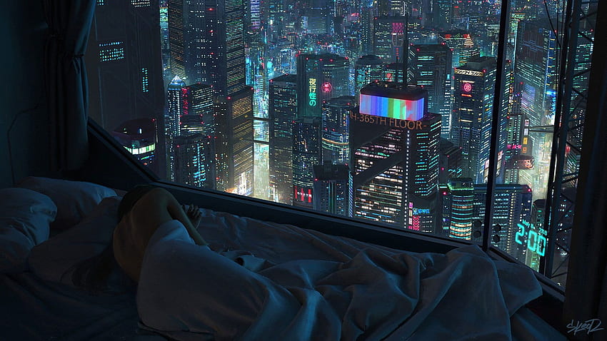 Kız, Gece, Şehir, Pencere, Yatak, Uyku • Sizin İçin & Mobil İçin HD duvar kağıdı