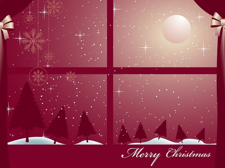 Christmas window greeting, winter, holiday, window, moon, christmas, tree HD wallpaper
