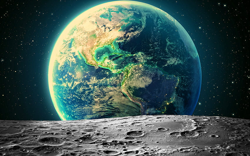 3D Earth, estrelas, Earth from moon, galaxy, Earth, arte digital, North America from space, sci-fi, universe, NASA, South America from space, planetas, Earth from space papel de parede HD