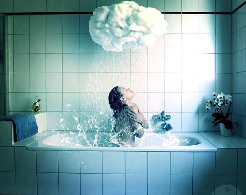 Baño lluvioso, abstracto, baño, tina, lluvia, manipulación, niña, nubes, salpicadura fondo de pantalla