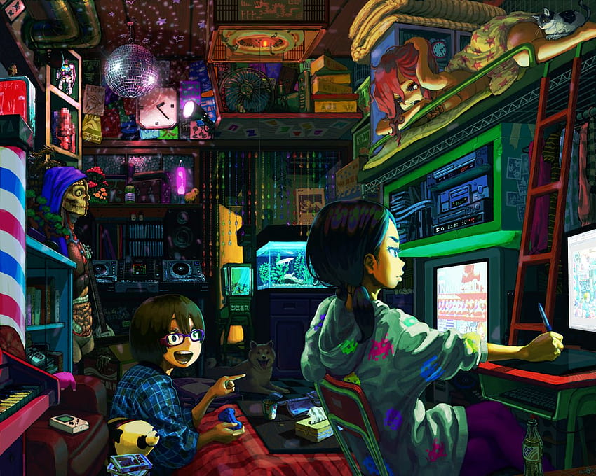 오타쿠방. 오타쿠 방, 다채로운 예술, 애니메이션 스타일, 애니메이션 게이머 룸 HD 월페이퍼