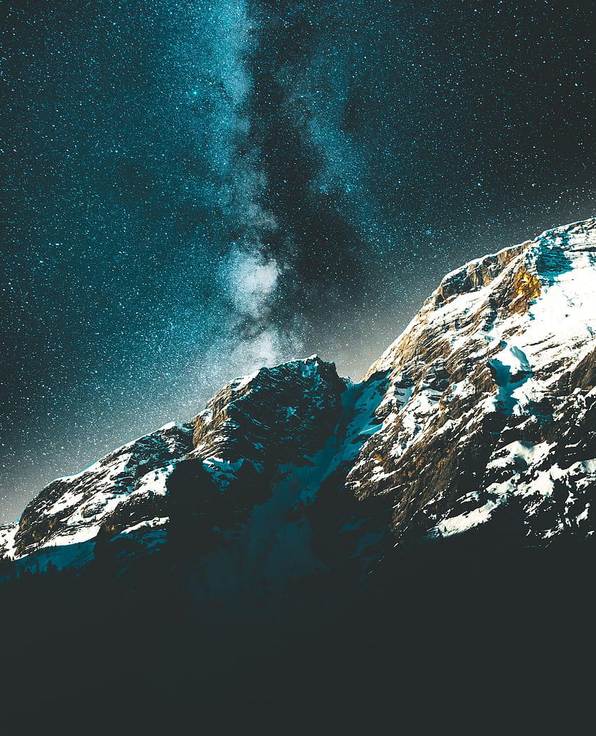 Nature, Mountains, Stars, Night, Starry Sky, Milky Way, Snow Covered, Snowbound HD phone wallpaper