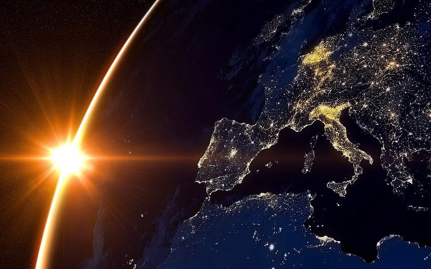 Слънцето и Земята от космоса Европа нощ, свят през нощта HD тапет