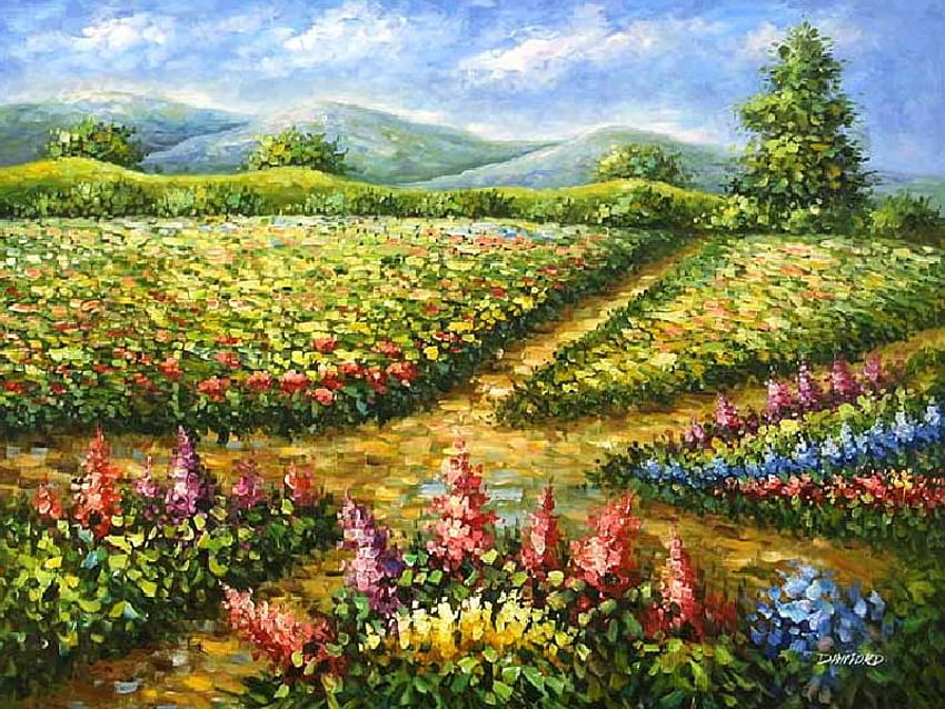 Flower Field, blue, hills, field, trees, sky, flowers, multicolors HD wallpaper
