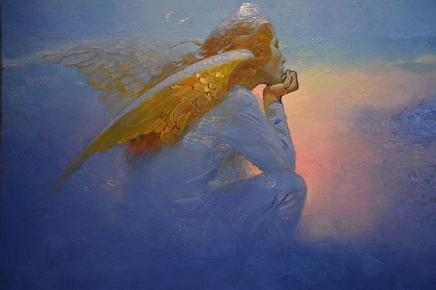 Angel, blue, wings, blond, art, painting, pictura, victor nizovtsev, yellow HD wallpaper