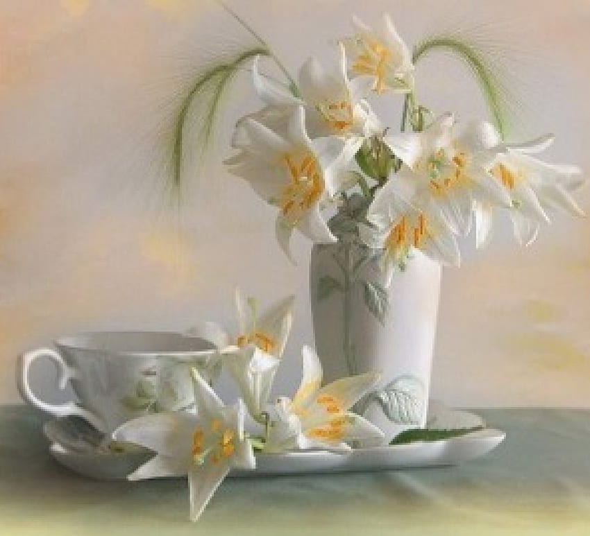 Tea time with lilies, still life, flowers, lilies, tea time HD