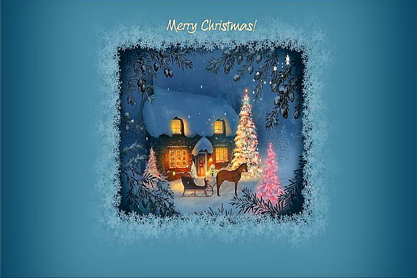 メリー クリスマス、馬、バギー、ライト、雪、家、クリスタ、ツリー 高画質の壁紙