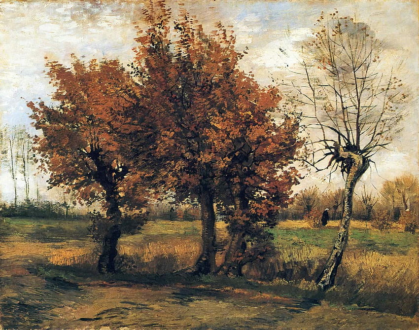 4 本の木のある秋の風景 - ヴィンセント・ヴァン・ゴッホ 高画質の壁紙