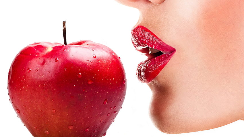 Red Lips, Drops of water, Ripe apple, Apple, Lipstick HD wallpaper